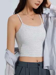 1 件女式纯色罗纹吊带背心，带胸垫，休闲修身短款背心，健身