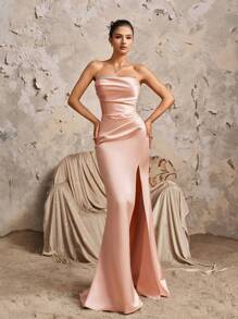 Pink Satin Sleeveless Ruched Tie-Up Fitted Split Front Elegant Bridesmaid Dress, Valentine's Day Dress