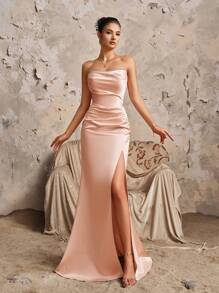 Pink Satin Sleeveless Ruched Tie-Up Fitted Split Front Elegant Bridesmaid Dress, Valentine's Day Dress
