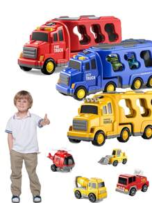 儿童玩具消防车双层仓储货车工程车警车仿真玩具汽车模型套装男孩女孩礼物 - 彩色 - 查看 12