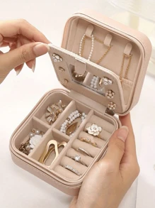 1/4pcs PU Leather Jewelry Box, Women Gifts, Mini Jewelry Organizer With Mirror, Necklace And Earring Display Holder, Pink Travel Essentials