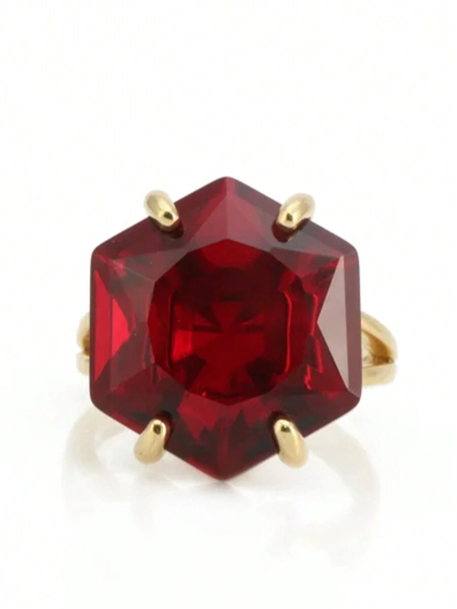 1pc Fashion Red Cubic Zirconia Stone Ring, Suitable For Women's Wedding, Engagement, Anniversary Gift - 金色 - 查看 1