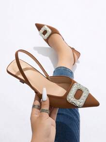 Tacones de gatito con punta puntiaguda y tira trasera con decoración de strass para mujer, zapatos cómodos y de vestir de moda adecuados para primavera, verano, otoño e invierno, tacón bajo color marrón