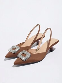 Tacones de gatito con punta puntiaguda y tira trasera con decoración de strass para mujer, zapatos cómodos y de vestir de moda adecuados para primavera, verano, otoño e invierno, tacón bajo color marrón