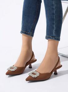 Tacones de gatito con punta puntiaguda y tira trasera con decoración de strass para mujer, zapatos cómodos y de vestir de moda adecuados para primavera, verano, otoño e invierno, tacón bajo color marrón