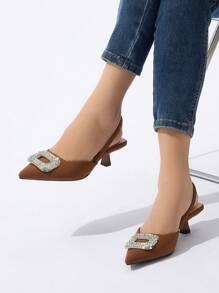 Tacones de gatito con punta puntiaguda y tira trasera con decoración de strass para mujer, zapatos cómodos y de vestir de moda adecuados para primavera, verano, otoño e invierno, tacón bajo color marrón