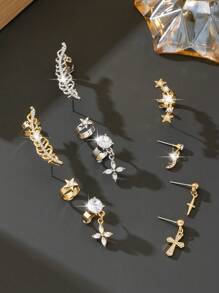 3 pièces/set Boucles d'oreilles et clips d'oreilles Eid Mubarak avec étoiles et lune et strass, accessoires d'oreille élégants vintage géométriques 3D en métal à la mode, convient pour le port quotidien, les fêtes, les rendez-vous, les sorties, les soirées - ensemble de boucles d'oreilles - Voir 1