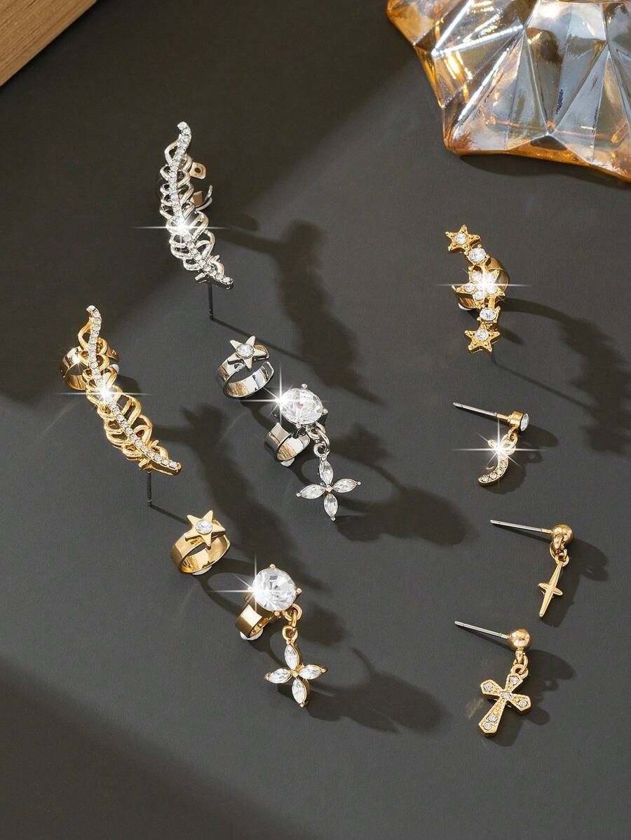 3 pièces/set Boucles d'oreilles et clips d'oreilles Eid Mubarak avec étoiles et lune et strass, accessoires d'oreille élégants vintage géométriques 3D en métal à la mode, convient pour le port quotidien, les fêtes, les rendez-vous, les sorties, les soirées - ensemble de boucles d'oreilles - Voir 1