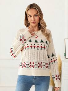 Women's New Year Tops Vintage Casual Pattern Floral Knit Crew Neck Long Sleeve Top Fair Isle Knit Sweater, Autumn/Winter