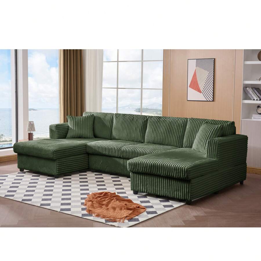 1PC 123" Large Corduroy Sofa With Deep Seats, U-Shaped 4 Seater Sofa With Toffee Recliner & 2 Pillows, Modern Modular Sectional Sofa For Living Room, Apartment, Office, In 3 Packages, Large Size 123.20''W* 62.59''D* 35.43''H, Living Room Furniture, Combination Sofa, Home Decor - 綠色 - 查看 1