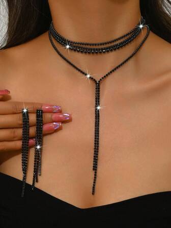 Set de 3 collares de flecos multicapa, collar con colgante de strass negro adecuado para boda, fiesta de noche, regalo del Día de San Valentín para novia, mejor amiga, mamá, Día de la Madre