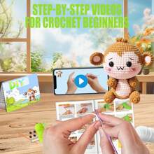 DIY Little Monkey Crochet Kit For Beginners, Amigurumi Stuffed Animals - Gift Animal Crochet Starter Kit All-In-One Complete Crochet Kit Learn To Crochet Sets With Instructions And Step By Step Video Tutorials For Adults Cute Animal Doll DIY Crafts For Home Decor Desktop Decor - Brown - View 3