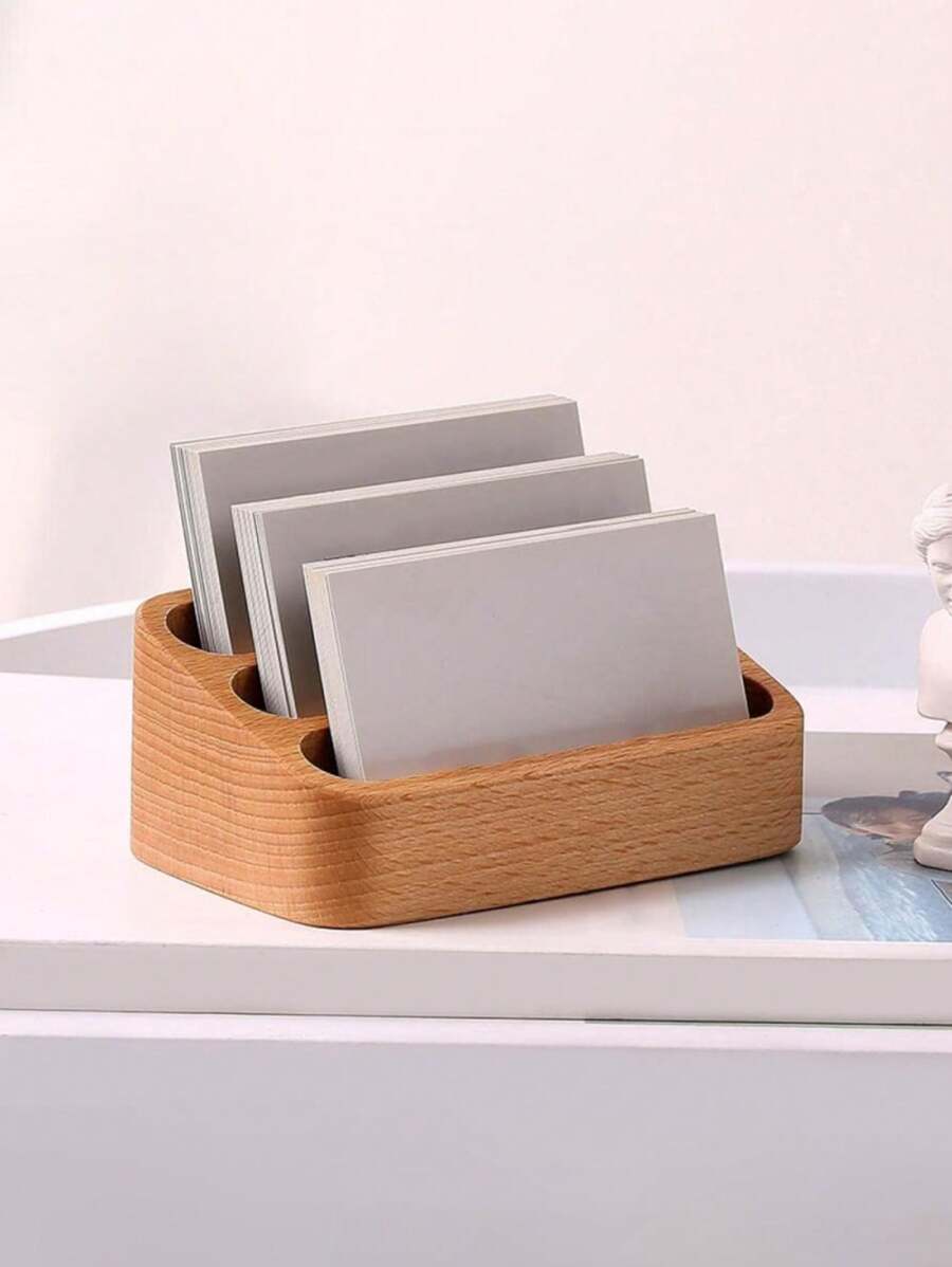 1pc Wooden Business Card Holder, 3 Card Slots Business Card Display Rack, Stylish Desktop Organizer With Memo Display Stand And Storage Box For Office And Home Use - Multicolor - View 1