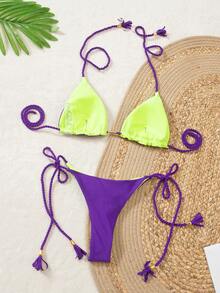 女士露背系带性感高端比基尼 2025 新款编织分体泳衣套装 - 紫色 - 查看 6