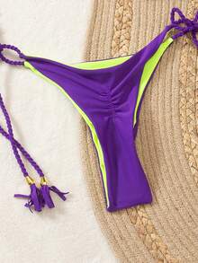 女士露背系带性感高端比基尼 2025 新款编织分体泳衣套装 - 紫色 - 查看 3