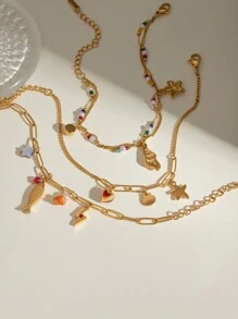 Uworld 1 pieza de brazalete de cadena de acero inoxidable de moda y personalizado para mujer con colgante de estrella de mar, concha, corazón y piedra natural. Adecuado para uso diario, vacaciones, playa o como regalo