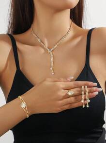 5 piezas Juego de collar, aretes, pulsera y anillo con incrustaciones de lujo de rhinestones, para uso diario, boda, fiesta y regalos festivos para mujer - Conjunto de collar exquisito - Ver 19