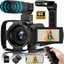 Nicamery 4K Ultra HD 48MP Camera With WiFi, Night Vision, 16x Digital Zoom, 3.0" IPS Touchscreen Display, Vlogging Camera With External Microphone, Lens Hood, Stabilizer, Remote Control, 2 Batteries, 32GB Memory Card - Black - View 1