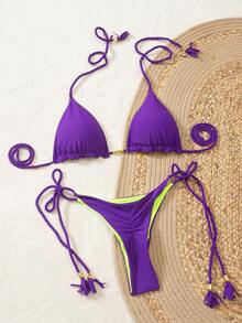 女士露背系带性感高端比基尼 2025 新款编织分体泳衣套装 - 紫色 - 查看 2