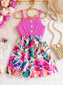 Young Girl Spring/Summer New Fashion Dress, Soft & Comfortable Ribbed Patchwork Camisole Dress, Children Party Wear, Vibrant & Energetic
