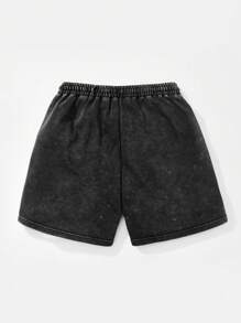 Shwiy Men's Washed Vintage Effect Casual Black Knee-Length Shorts, Simple Cross Print Pattern, Suitable For Spring/Summer Daily Wear And Street Style - Black - View 2
