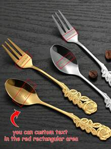 Customized 1pc Rose Handle Stainless Steel Spoon And Fork, Suitable For Personalized Dessert Tableware With Engraved Names, Elegant Flower Shaped Tableware, Suitable For Matching Wedding Gifts, Party Gifts, Coffee And Desserts. - Color - View 1