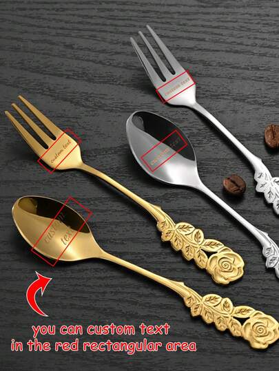 1 buc. lingură și furculiță din oțel inoxidabil cu mâner în formă de trandafir, personalizate, potrivite pentru set de vesică pentru desert cu nume gravate, elegant, în formă de floare, potrivite pentru cadouri de nuntă asortate, cadouri pentru petreceri, cafea și deserturi