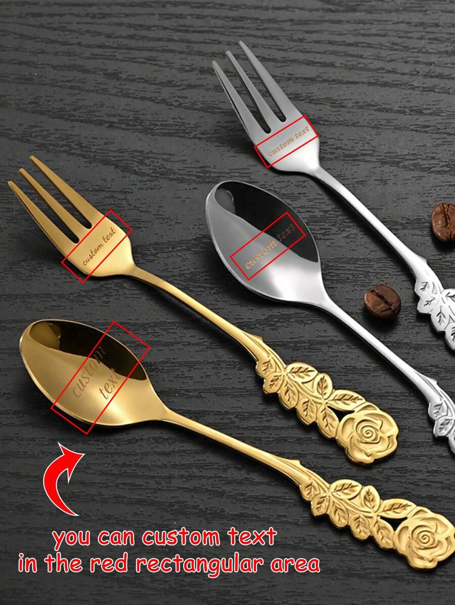 Customized 1pc Rose Handle Stainless Steel Spoon And Fork, Suitable For Personalized Dessert Tableware With Engraved Names, Elegant Flower Shaped Tableware, Suitable For Matching Wedding Gifts, Party Gifts, Coffee And Desserts. - Color - View 1