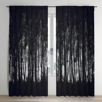 2 片/套，黑暗森林插画印花窗帘和门帘，杆袋顶部，易于悬挂，可水洗，防褪色，哥特式艺术家居装饰窗帘，适用于卧室、浴室、客厅、厨房、办公室、万圣节、亡灵节、派对装饰