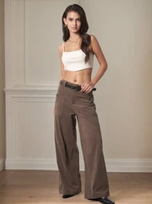 Women Solid Straight Leg Thick Corduroy Casual Trousers With Pockets & Belt, Spring