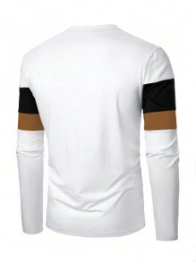 Autumn New Black & White Contrast Color Business Casual Round Neck Men's Long Sleeve T-Shirt, Suitable For Spring And Autumn Daily Wear - White - View 4