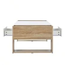 MERAX High Glossy Coffee Table With 2 Drawers, Practical Two Tone Center Table With Hidden Compartments, Rectangle Cocktail Table With Open Storage Shelf For Living Room, Bedroom, White/Black, 41.3*23.6" - Trắng + Tự nhiên - Xem 10