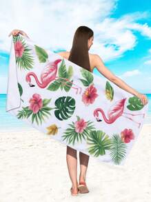1 件动物火烈鸟和绿色植物叶子印花超细纤维吸水沙滩巾，适合游泳、旅行、海滩等母亲节鲜花、送给妈妈的个性化礼物、最后一分钟的礼物、母亲节创意、母亲节周日礼物、送给妈妈的手工卡片、50 美元以下最佳母亲节礼物夏季、假期 - 彩色 - 查看 2