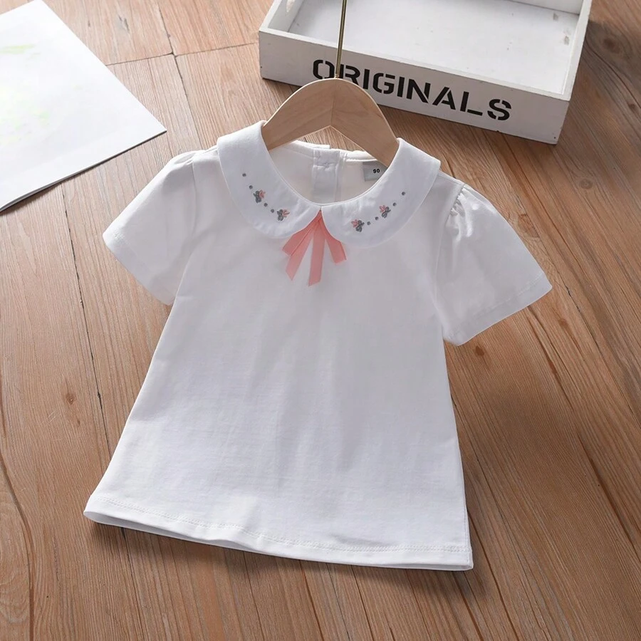 年轻女孩花卉刺绣短袖休闲上衣,日常穿着 - 白色 - 查看 1