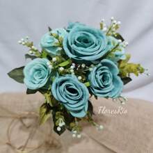Artificial Button Bouquet With 7 Flowers For Party, Wedding, Home And Photo Decoration - Autumn Blue - View 1