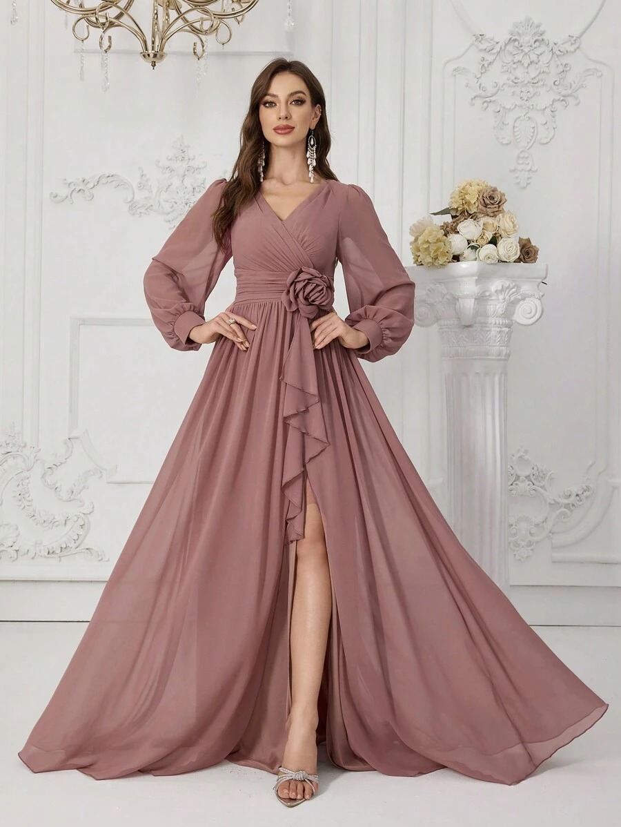 SUPGIR 女士V领长袖收腰手工3D立体花卉装饰高开衩连衣裙，优雅晚礼服，派对礼服，婚礼宾客礼服，春季正式礼服 - 藕粉色 - 查看 1