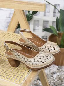 新款夏季透气镂空高跟凉鞋，时尚休闲法式粗跟鞋 - 卡其色 - 查看 6