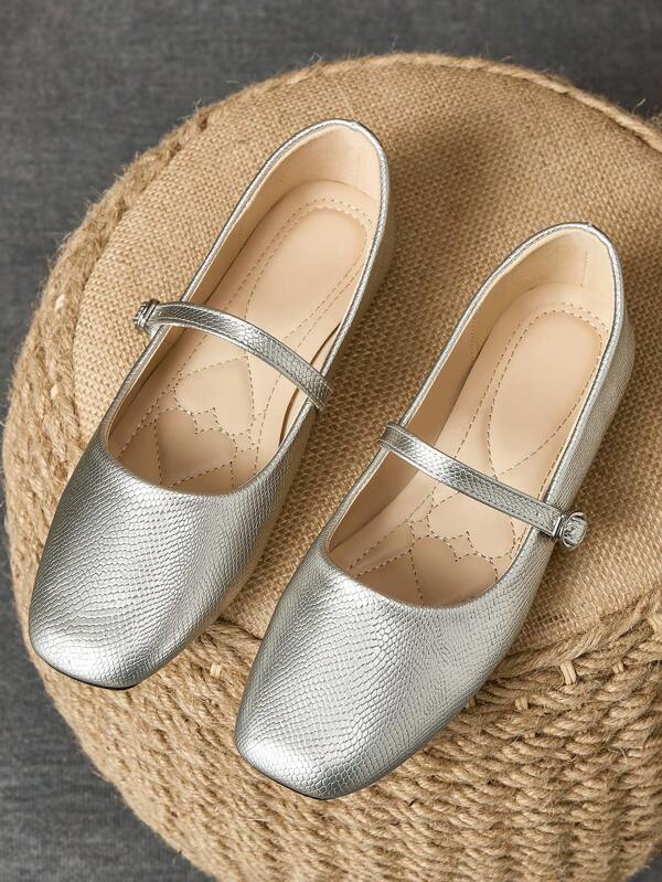 Pantofi de birou casual, cu vârf pătrat, la modă pentru femei, de primăvară, toamnă, în aer liber, de culoare argintie, pantofi Mary Jane plati de înaltă calitate