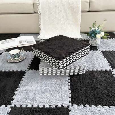 6 Pcs/12 Pcs Short Plush Splicing Floor Mat, Removable Washable Area Rugs Mat For Bedroom, Living Room, Bay Window Gifts Birthday Graduation