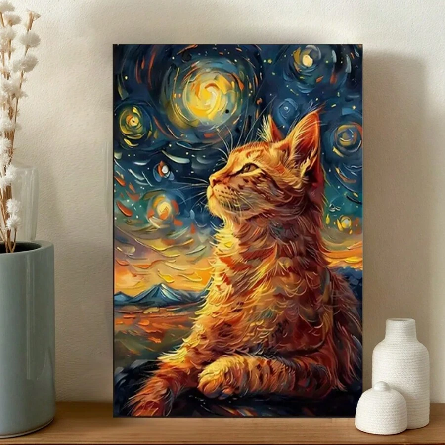 Framed Charming Orange Cat Gazing Up At The Stars Canvas Art Print - Wall Decor For Living Room, Bedroom, Nursery, And More - Durable, Waterproof, Perfect For Home & Office - Framed - View 1