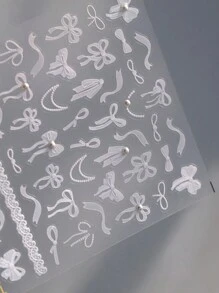 1pc White Bowknot Design 5D Nail Art Sticker With Pearl Self Adhesive Lace Ribbons Bowtie Butterfly Decals Nail Art Decoration