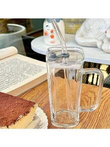 1 Clear Glass With Glass Straw With Lid, Caterpillar Handle, Simple Creative Americano Mug For Breakfast