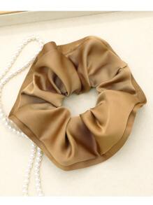 1入組女款多色仿真絲絲帶髮圈，單色簡約邊緣，適用於馬尾和包子頭休閒裝 - 卡其色 - 查看 9