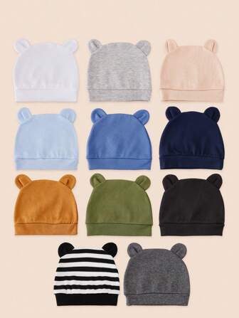 6 قطع عشوائية من القبعات الصغيرة لحديثي الولادة إلى 3 أشهر، سادة الألوان ومطبوعة لأذنين، دافئة وواقية وجذابة للاستخدام اليومي العادي، مناسبة للمواليد الجدد للاستخدام اليومي الخارجي