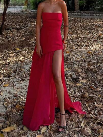 Women's Solid Color Casual Bandeau Stitching Mesh Hem Dress, Wedding Guest Dress,Party Dress,Gown,Formal,Evening