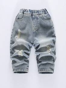 1pc Kids' Distressed Denim Jeans With Dinosaur Print Back Pockets, Elastic Waist Loose Fit Casual Trousers For Boys, Spring