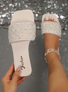 Women's Rhinestone Embellished Strap Slide Sandals, Casual Versatile Flat Outdoor Plastic Slippers - White - View 1