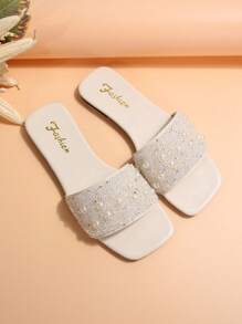Women's Rhinestone Embellished Strap Slide Sandals, Casual Versatile Flat Outdoor Plastic Slippers - White - View 2