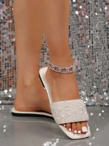 Women's Rhinestone Embellished Strap Slide Sandals, Casual Versatile Flat Outdoor Plastic Slippers - White - View 6
