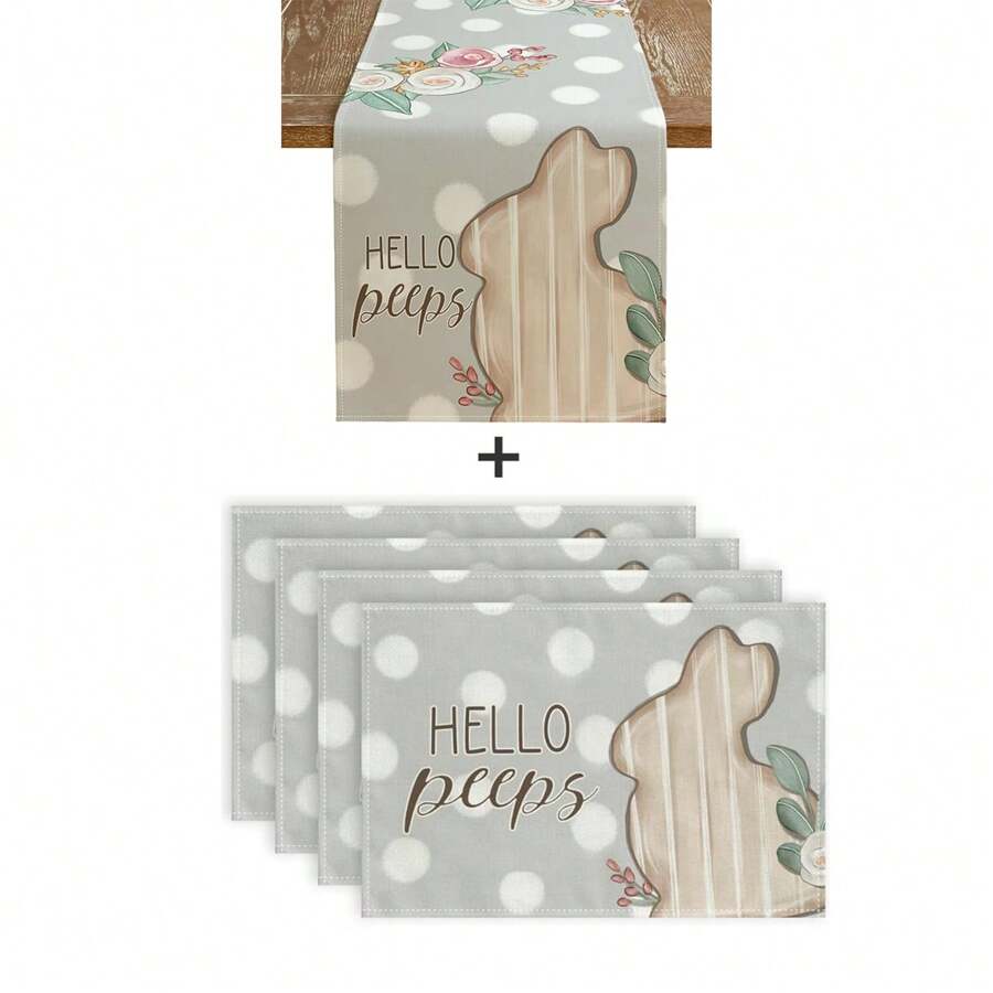 1 件/1 套，兔子，复活节灰色亚麻桌旗，桌旗和餐垫套装，13x72 英寸/12x18 英寸季节性厨房餐桌装饰桌布，派对装饰，家居装饰 - 灰色 - 查看 1